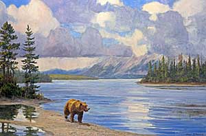 "Along the Shore" by Dan D'Amico, a landscape wildlife painting of a grizzly bear.