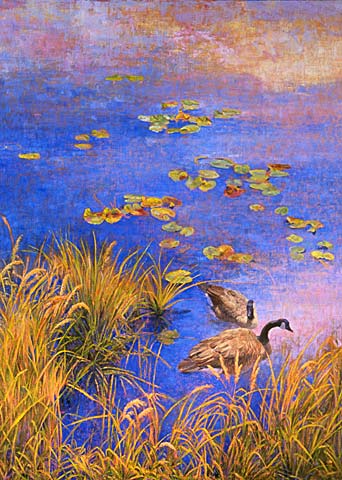 "Jewels" by Dan D'Amico, a wildlife landscape painting of Canada geese.