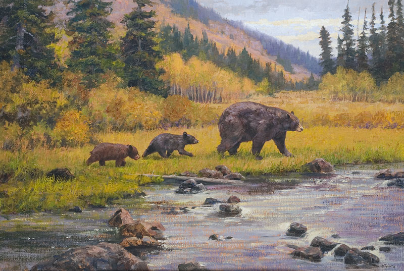 "Riverside Amble" by Dan D'Amico, a wildlife landscape painting of black bears.