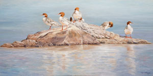 "Rocky Refuge" by Dan D'Amico, a wildlife painting of mergansers.