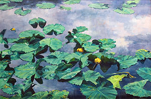 "Storm Clouds and Lilypads" by Dan D'Amico, a landscape painting of a mountain lake.