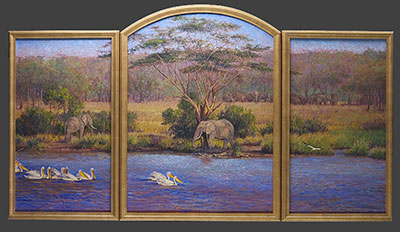 "Sweetwater" by Dan D'Amico, a wildlife landscape triptych painting of African wildlife