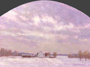 "A Break in the Clouds" by Dan D'Amico, a landscape painting of a farm in winter.