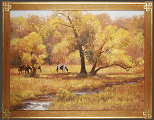 "Cottonwood Shadows" by Dan D'Amico, a landscape painting of horses in a Rocky Mountain pasture.