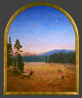 "Dusk" - by Dan D'Amico, a wildlife landscape painting of an elk herd in Rocky Mountain National Park at dusk.