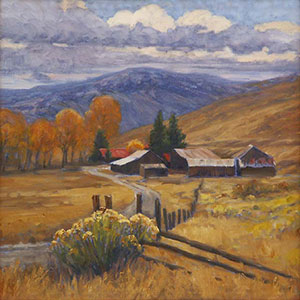 "Foothills Ranch" by Dan D'Amico, a landscape painting of a ranch in the Rocky Mountains.