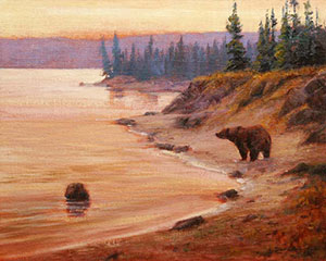 "Shoreline" by Dan D'Amico, a landscape wildlife painting of a grizzly bear.