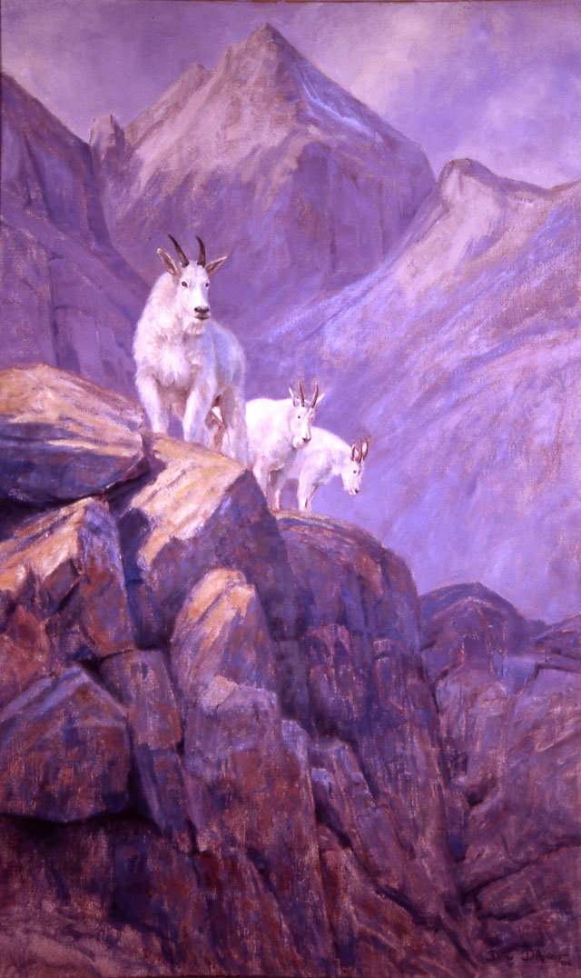 "Lofty Fortress" by Dan D'Amico, a wildlife landscape painting of mountain goats.