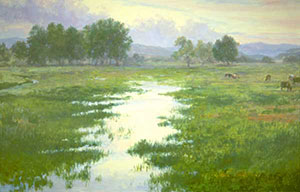 "Spring Pasture" by Dan D'Amico, a landscape painting of a flooded pasture at the foot of the Rocky Mountains.