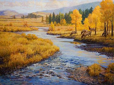 "Bend in the River" by Dan D'Amico, a landscape wildlife painting of an elk herd.