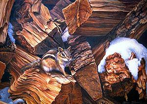 "Woodchip" by Dan D'Amico, a wildlife painting of a chipmunk atop a pile of firewood in winter.
