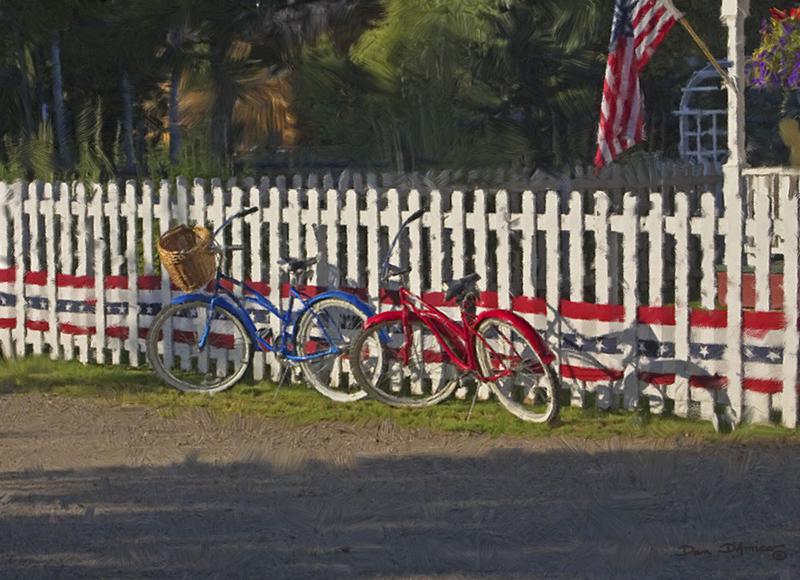 "Independence Day" by Dan D'Amico, an Americana painting of bicycles and American flag.