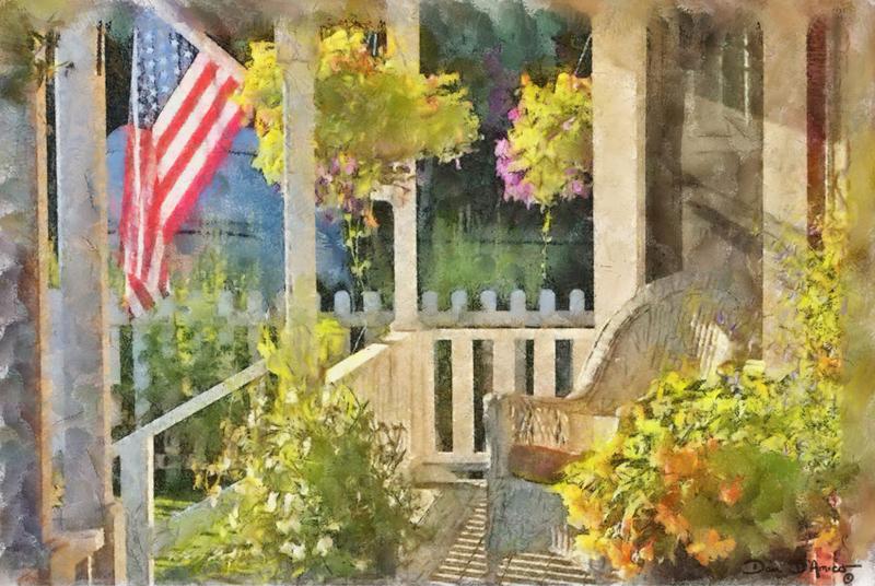 "Memorial Day" by Dan D'Amico, an Americana painting of a porch with an empty chair and an American Flag.