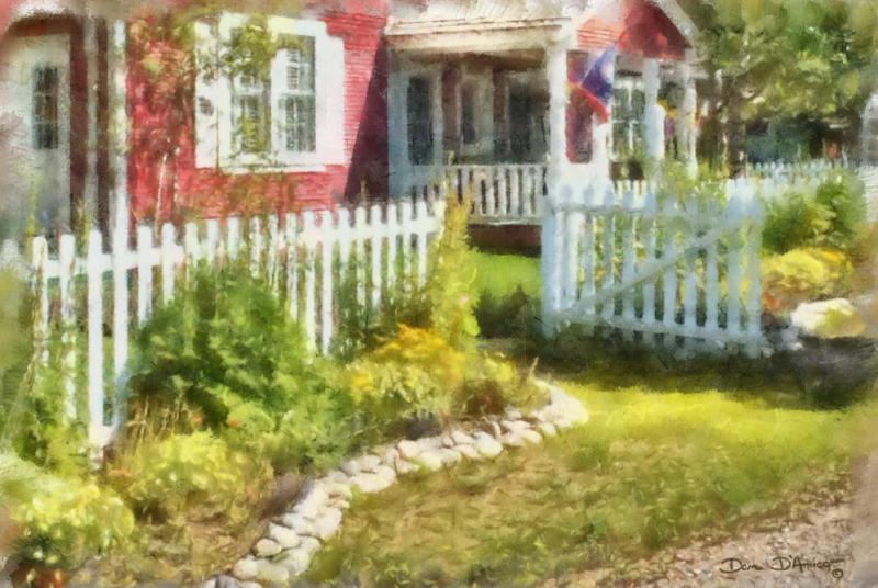 "Mid-Summer Morning" by Dan D'Amico, a garden landscape painting of a cottage with white picket fence.