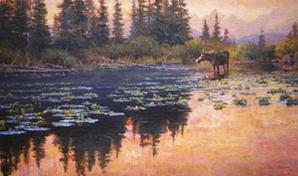 "Composition in Blue & Gold" by Dan D'Amico, a wildlife landscape painting of a cow moose in a Rocky Mountain lake.