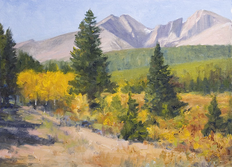 "Mt. Meeker and Long's Peak from Lily Lake trailhead" by Dan D'Amico, a plein air landscape painting