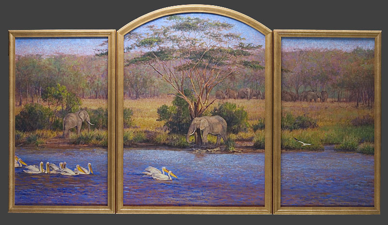 "Sweetwater" by Dan D'Amico, a wildlife landscape triptych painting of African wildlife.