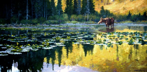 "Composition in Blue & Gold" by Dan D'Amico, a wildlife landscape painting of a moose.