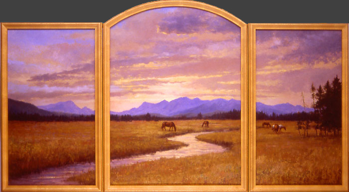 "High Country Ranch" by Dan D'Amico, a landscape painting triptych in oils.
